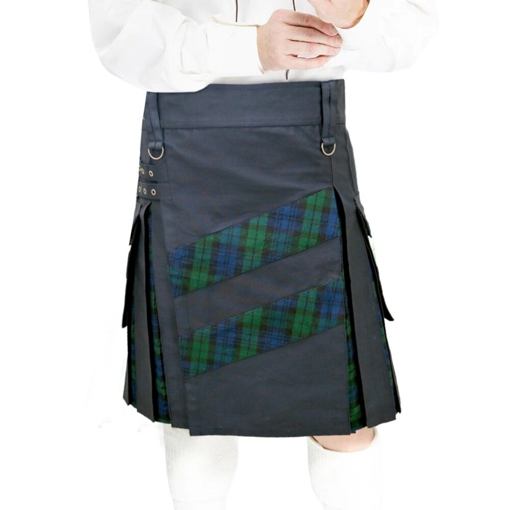 Modern Hybrid Kilt Plaid Tartan Black Watch Kilt Cross Stripes Scottish Kilt